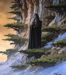 a person with white makeup stands among pines and rocky hillside