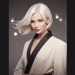 an attractive woman with blonde hair wearing a white suit