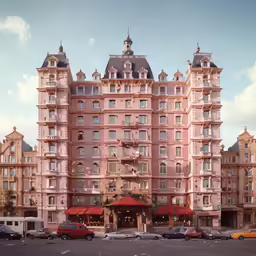 several cars parked in front of a pink building
