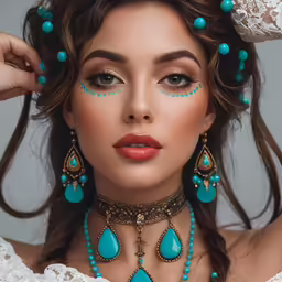 a woman in a white gown and turquoise jewelry