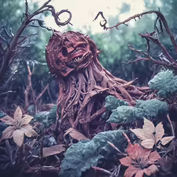 a giant wooden carving of a human character sitting in some bushes