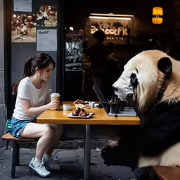 the woman is sitting in front of a giant panda at a table