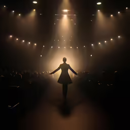an empty stage with a person walking across it