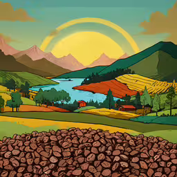 the image is an image of a landscape,a drawing of a view from across a mountain range
