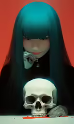 an animated female with long hair leaning up against a skull