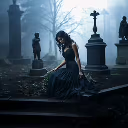 a woman in a black dress stands among graves,the woman is dressed in an evening gown