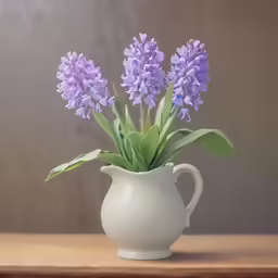 a white jug filled with purple flowers on top of a table