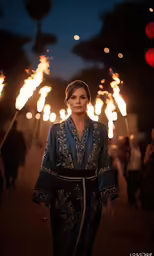 a woman standing outside with a dark background wearing bright fire sparklers