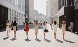 a group of women walking down the middle of the road