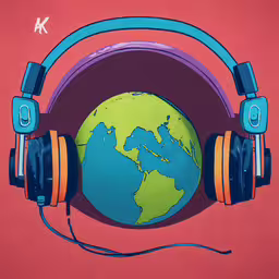 an image of headphones in front of a world globe,the world is wearing headphones and listening to music
