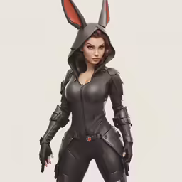 a woman in bunny ears and leather clothes