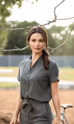 a woman in a grey dress stands with her hands in pockets