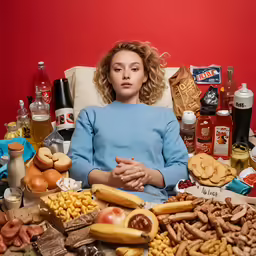 the woman sits behind a pile of food