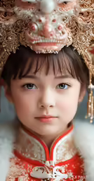 an asian girl in a red and gold dress with white headgear