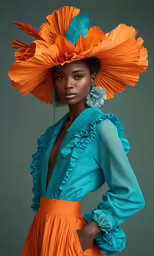a young woman is wearing orange, blue and green clothes
