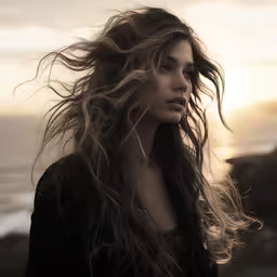 woman with long hair and sky behind her,a woman with her hair blowing in the wind