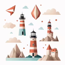 a set of four lighthouses and one kite flying