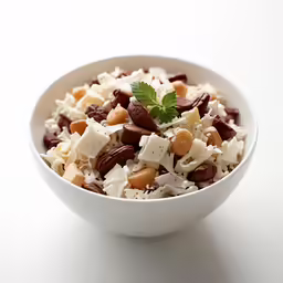 the bowl is filled with rice, nuts, and other foods