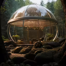 a glass structure is sitting in the middle of a forest