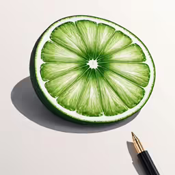 a cut up lime on a table with a pen