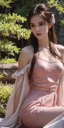 a pretty woman wearing pink and sitting in a pose