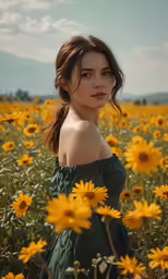 the young girl has a green dress in the sunflower field