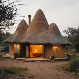 a large mud hut with thatched roof with lights on