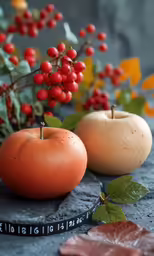 two apples and a plant on a pedestal