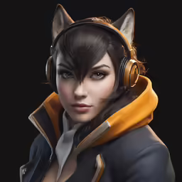 a woman with headphones on with a cat head
