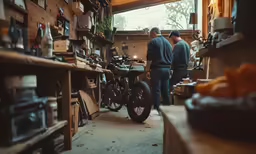 two men looking at parked bicycles inside of a shop
