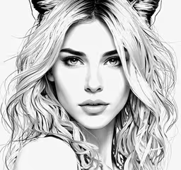 a woman with her hair in the wind and an image of a cat