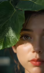 a woman is shown behind leaves of a plant