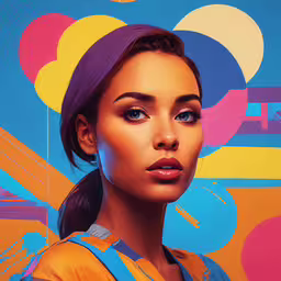 the girl is wearing an orange shirt with an open v neck,a beautiful young woman posing in front of colorful wall