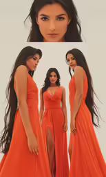 a woman wearing an orange dress is standing in front of two identical images