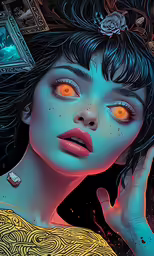 an illustration of a girl with glowing eyes and hair