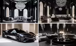 three photographs of a living room, sitting area and a car in the center