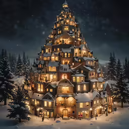 a huge house in the middle of a snow covered forest