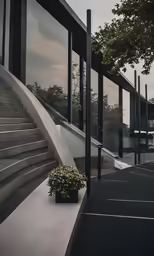 a potted plant sits on the edge of a set of stairs
