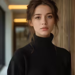a woman in black shirt leaning against wall