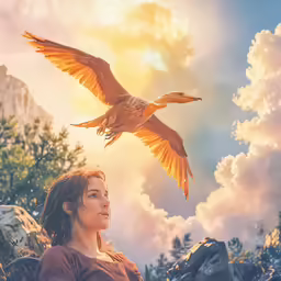 a woman staring at a bird while standing in the sunlight
