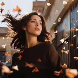 a woman is looking up and some falling orange leaves