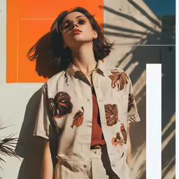 woman in tan shirt leaning up against an orange wall