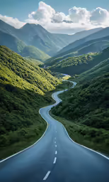 a winding road in the middle of mountains under a partly cloudy sky