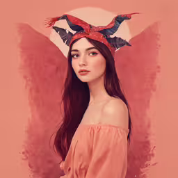 the young woman is wearing a decorated hat,an artistic photograph of a woman wearing a head scarf
