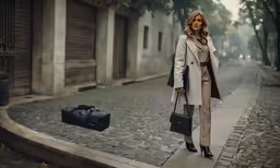 a woman on the sidewalk next to her suitcase