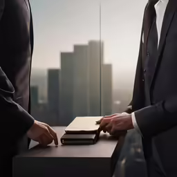 a couple of men in business suits standing in front of a book
