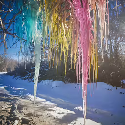 colorful streamers hanging from a tree in the snow