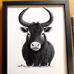 the longhorn is standing in the middle of a wooden floor