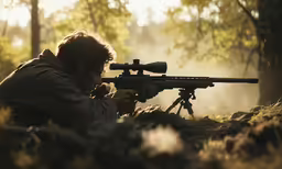 a man that is in the dirt with a rifle