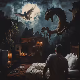 a man sitting in his bed watching a large dragon fly by